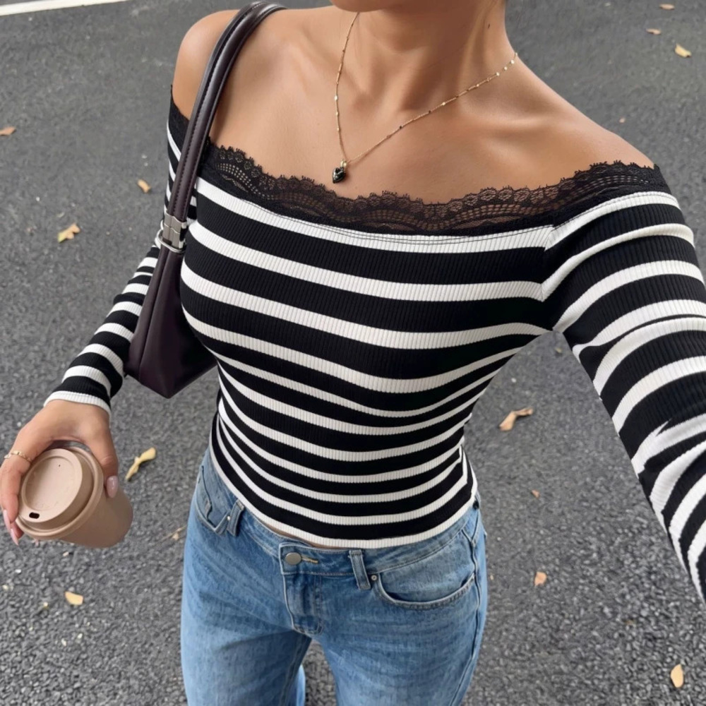 Fall Winter Chic Lace Striped Slim Fit Long Sleeve Top for Women